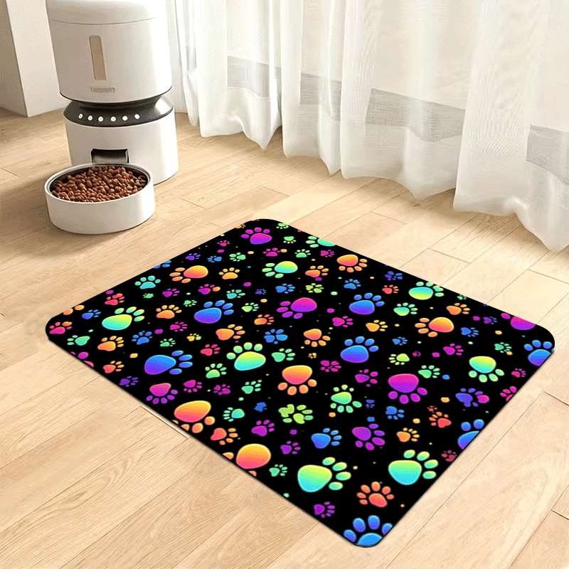 TEMU 1pc Neon Gradient Paw Print Feeding Mat & Dish Drying Mat With Non-slip Rubber Base, Absorbent Suitable For All Breeds, Floor For Pet , For In