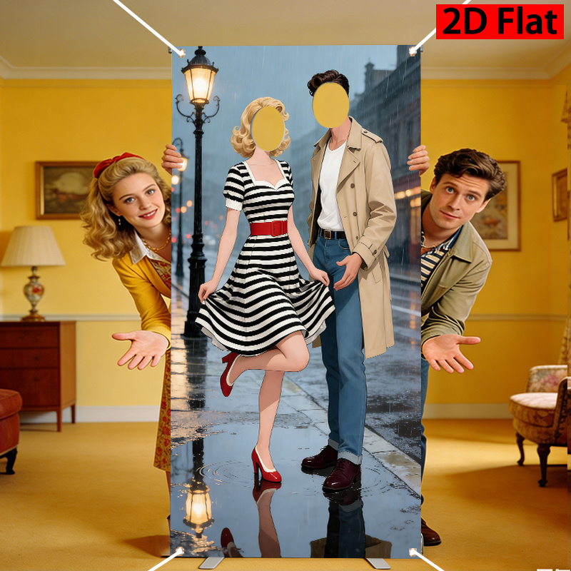 item picture 1950s 1980s party themed photo banner striped dress red belt trench coat street couple illustration vintage prom fabric backdrop polyester indoor and outdoor use