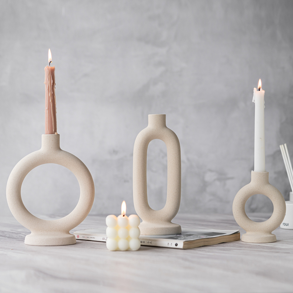 1pc Elegant Ceramic Candle Holder - Modern Minimalist Tabletop Decor with Open Circle Design, Beige/Neutral Tones for Dining Room, Living Room, Office - Durable Ceramic Construction, Compatible with Real or Electronic Candles - Home Decoration Cente