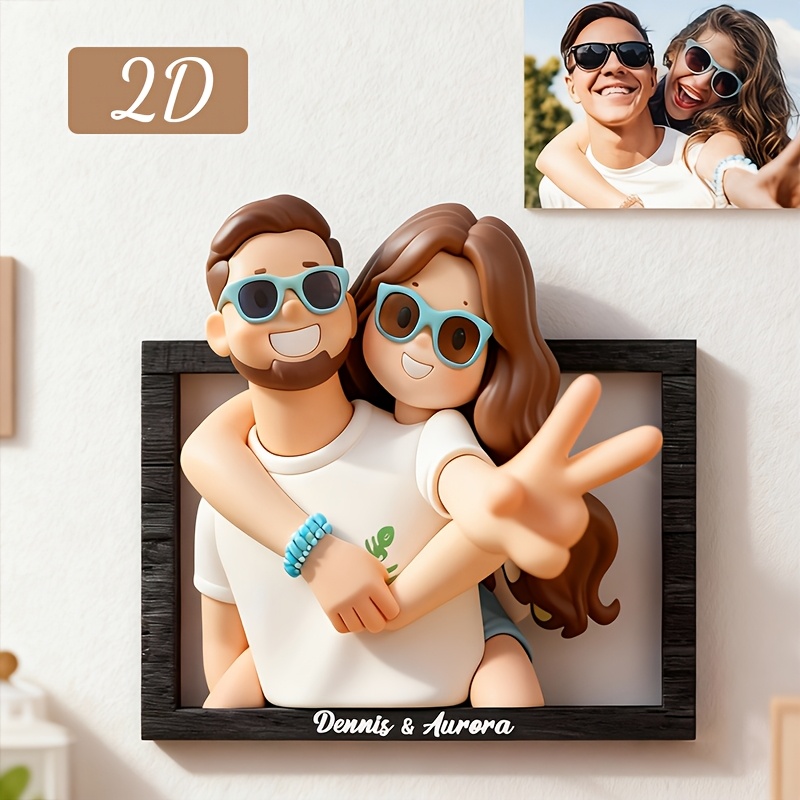 TEMU 2d Flat, 2d Flat - Personalized Cartoon Clay Effect 2d Photo Acrylic Material, Custom Text, Personalized Family Cartoon Photo Frame, Ideal Anime
