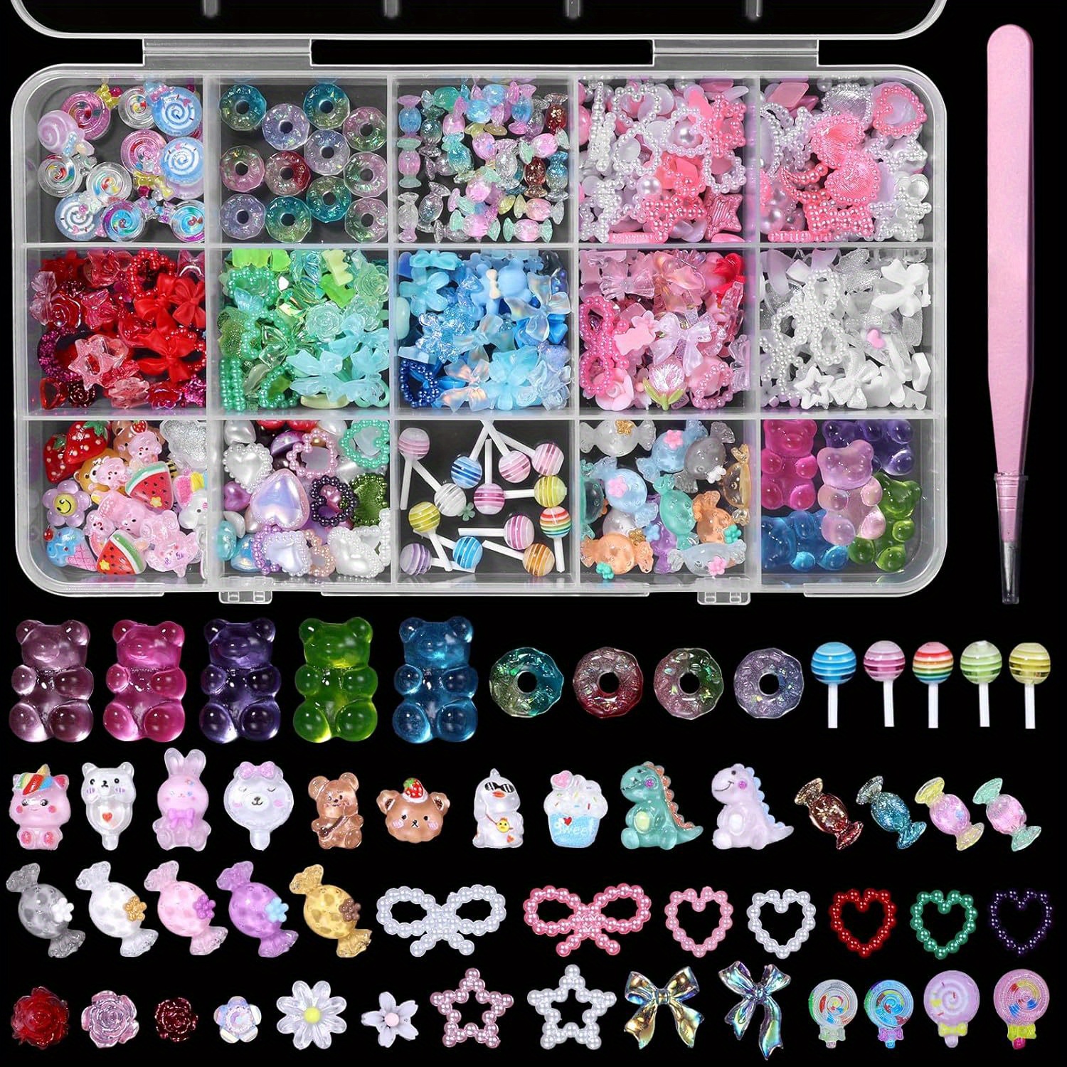 TEMU 3d Mix Nail Charms, Donuts Lollipop Cute Charms+ Hollow Pearls Flower Bows Nail Art Diy Crafts Accessories With Pickup Tools