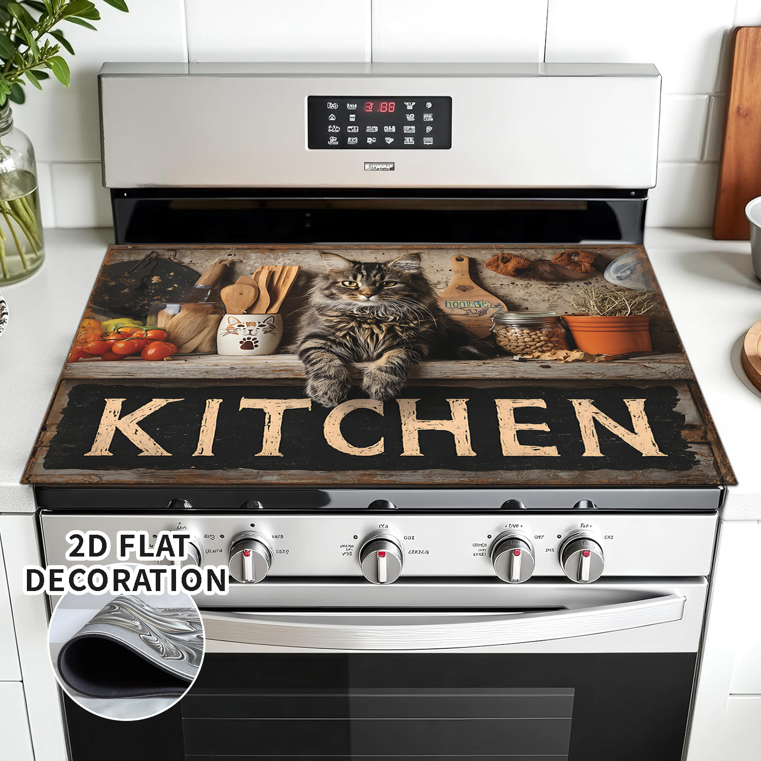 TEMU Kit de décoration de remplacement de cuisinière intégrée (Kit de remplacement de cuisinière d'une pièce à motif plat 2D) - Chat, ustensiles, -