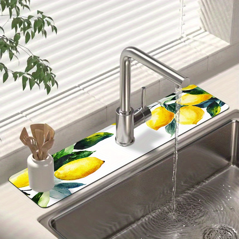1pc Lemon Pattern Tableware Drying Mat Faucet Mat Durable Polyester  with Diatomaceous Earth Suction Cups, Non-Slip Kitchen Bathroom Sink Mat, 