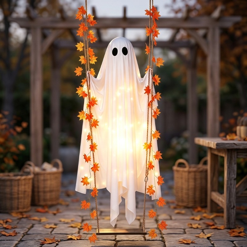 TEMU 1pc (3pcs) Halloween Maple Leaf Swing Light Display Prop, 110cm/43inch Height, Includes 1 Hanging   1 Maple Leaf Vine Swing   1 String Of 30-led