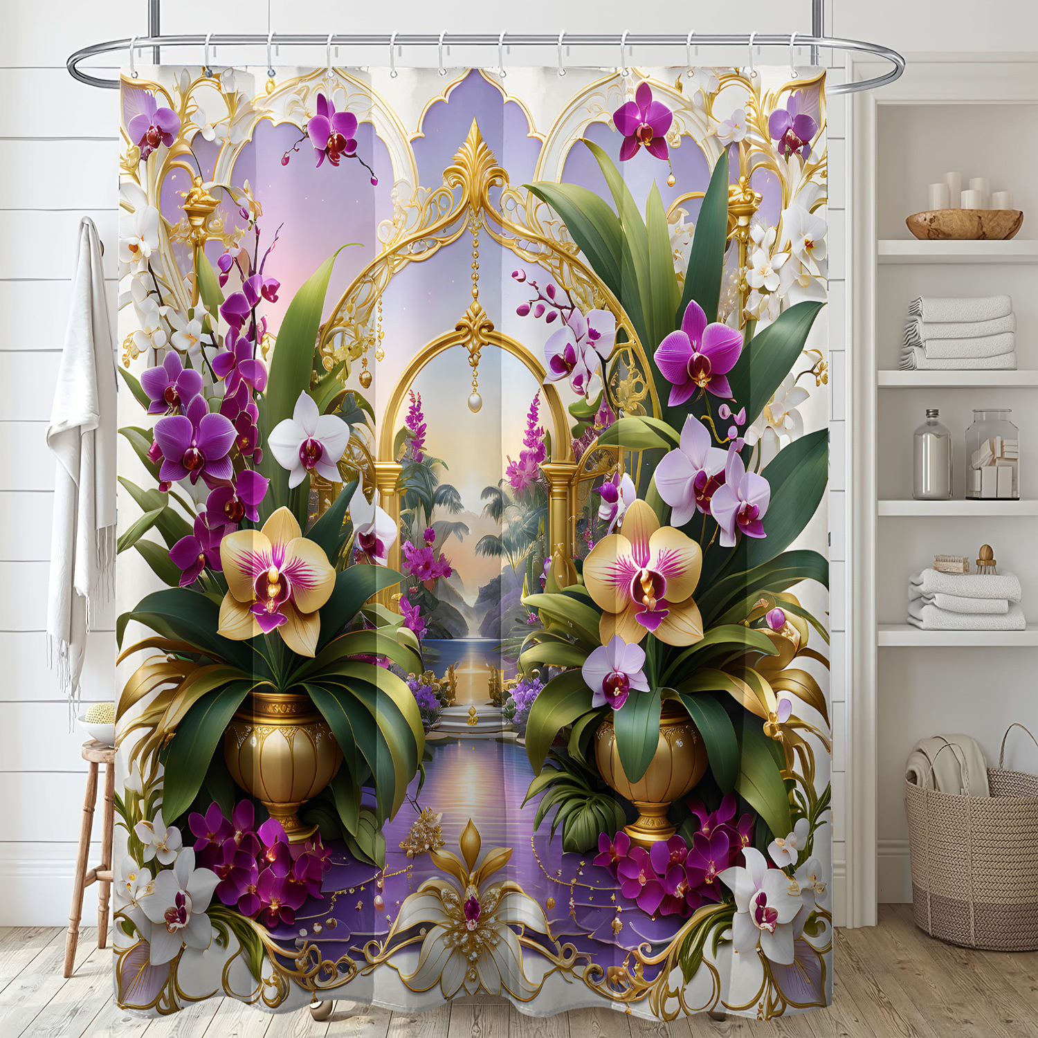 TEMU 1pc Elegant Purple & Golden Floral Vintage Archway Print Shower Curtain With Hooks, Polyester Fabric, Machine Washable, Bathroom Decor, 71x71