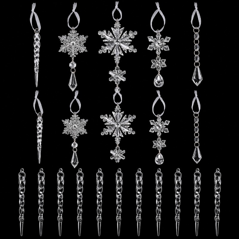TEMU Plat 2D, Lot de 22 pièces d'ornements de Noël transparents à texture cristal, comprenant 12 pendentifs de de glace et 10 breloques mélangées de