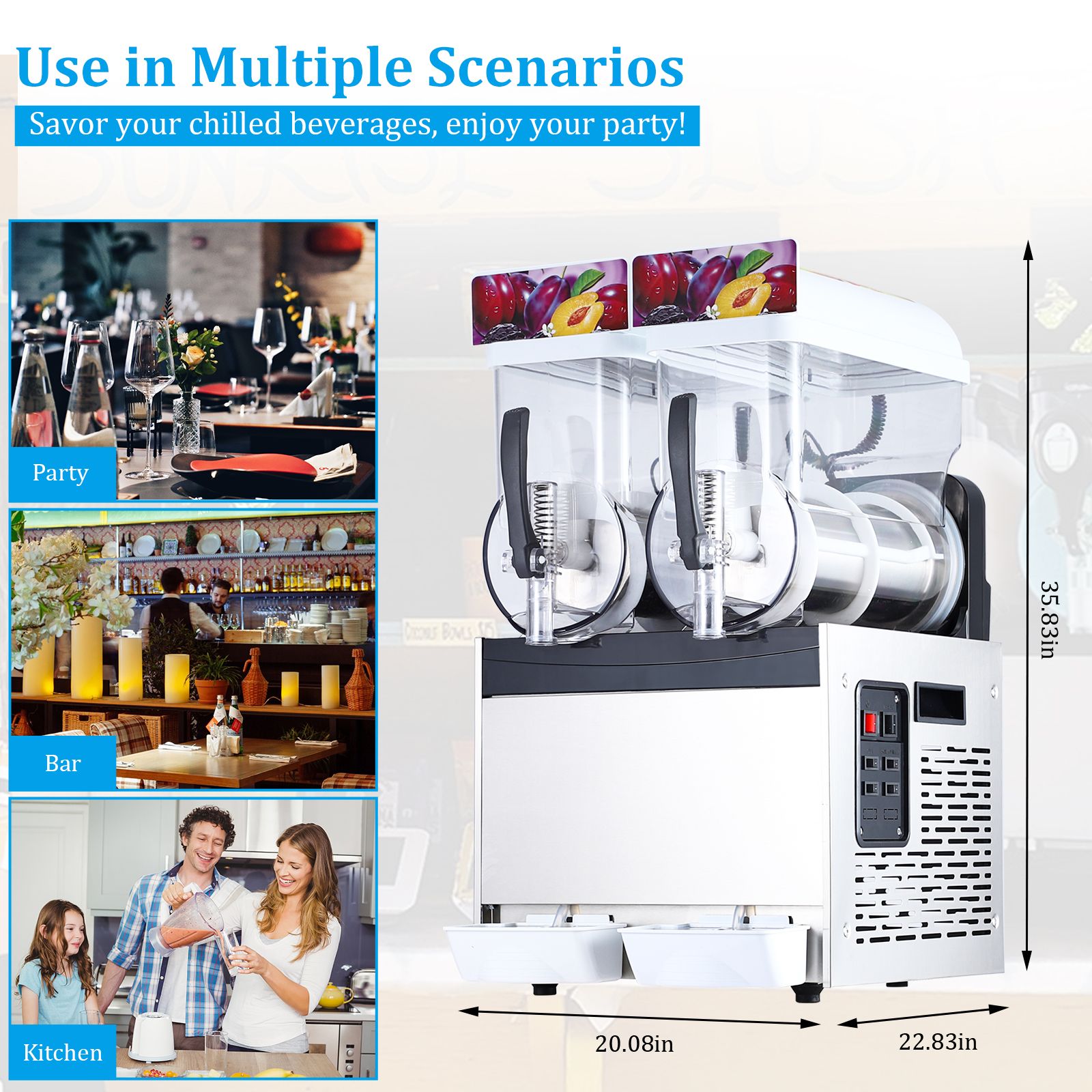 commercial slushy machines with a capacity of 30   or 8 gallons featuring 860 watts of   of stainless steel designed for making   drinks and margaritas   a self cleaning function   cocktails restaurants Product details 5