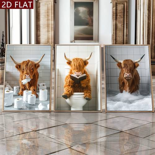 품목 사진 2d 플랫, 2d 플랫, 2d 플랫 3개/세트 재미있는 소 욕실 장면 캔버스 포스터 | 무취, 패션 아트, 홈 , 발렌타인데이 및 새해 선물, 거실, 침실, 사무실 벽걸이 장식, 액자 없음