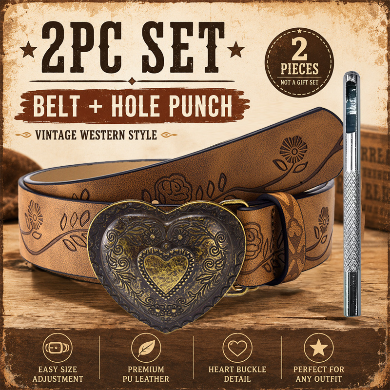 TEMU 2pcs Unisex Western Style Belt Set, Pu Leather Flower Embossed Belt With Heart-shaped And Punching Tool Adjustable Denim Belt, Suitable For Men