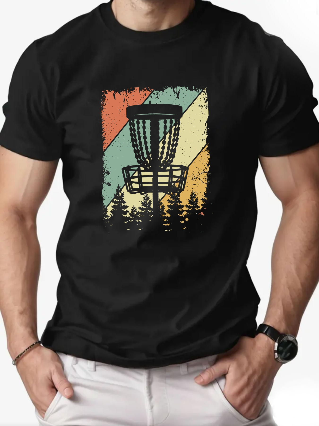 남성용 캐주얼 반팔 티셔츠 생기 넘치는 레드 디스크 골프 바스켓 소나무 그래픽 가벼운 여름 라운드넥 티 아웃 - Temu  Republic of Korea, image size:800x1067