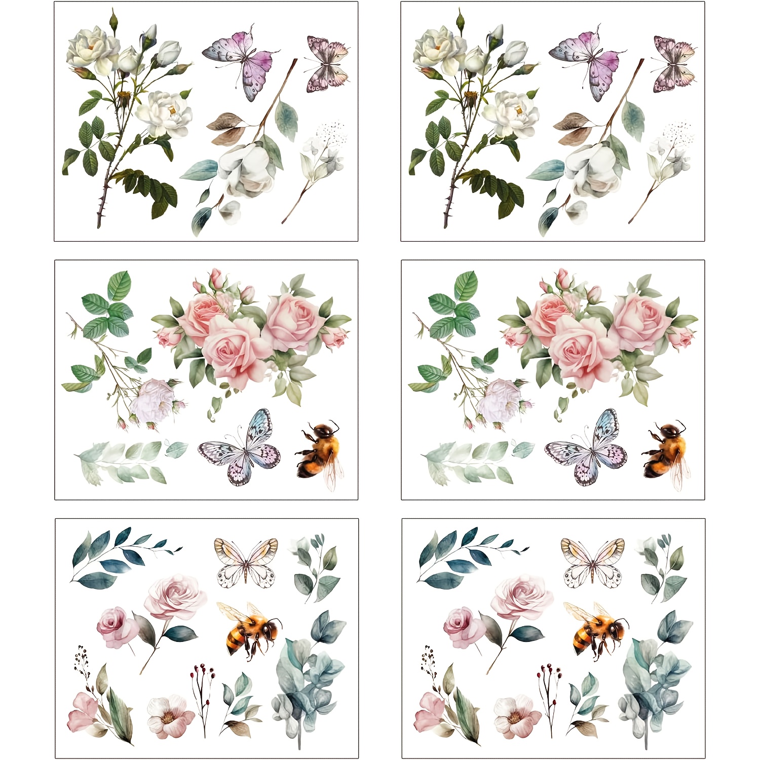 E-shop 6 Blätter Vintage Blumen UV DTF Aufkleber – Selbstklebende Glitzer Rosen, Schmetterlinge, Bienen Grüne Blätter Muster, Rosa, Weiß, Grün, Blau,