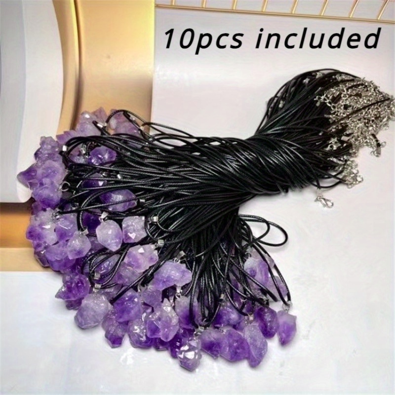 

10pcs Amethyst Stone Pendant With Adjustable Black Cord Necklaces, Irregular Shaped Stone Charms Sweater Chain, Ideal Holiday Gifts