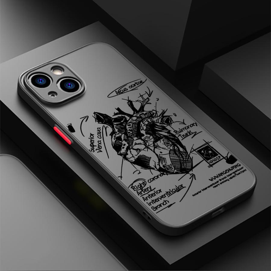 TEMU Matte Frosted Phone Case With Aesthetic Sketch Heart Pattern For Iphone 16 15 Pro Max 14 Plus 11 11pro 12pro 13pro 14pro 15pro 16pro, Protective