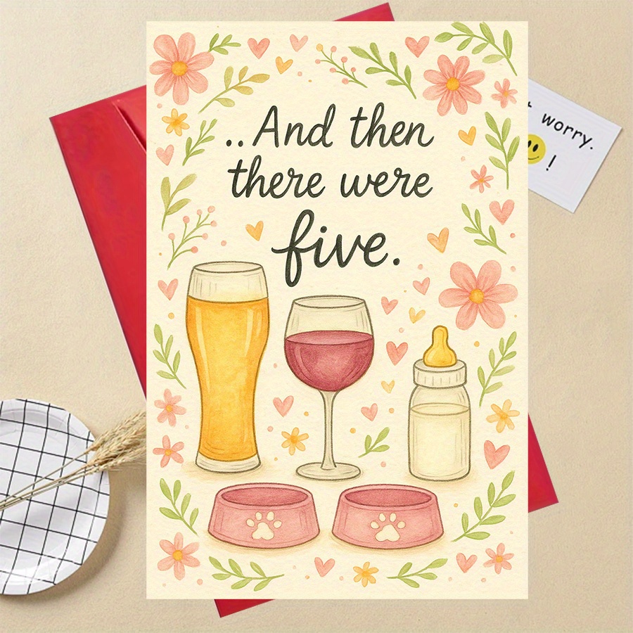 TEMU 1pc Funny New Big Sister/brother 's Expansion Card With " Five" Saying - Cute Paw Print & , Food Bowls, Wine Glasses & Bottle For New Parents,