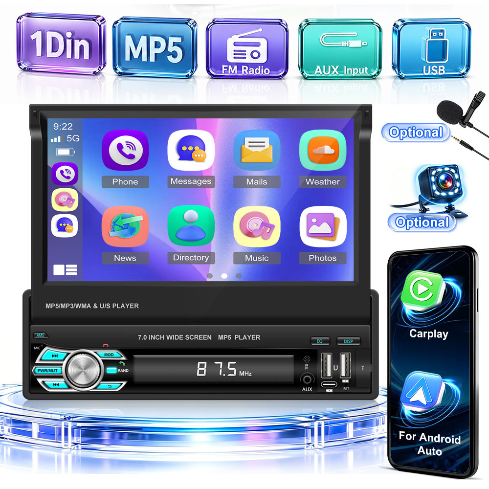 And Auto 7 Inch Car Stereo Radio Retractable Screen Mp5 Car Player With Mirror Lin, Bluetooth, Fm, Steering Wheel Control, Usb+rearview Camera(optional)