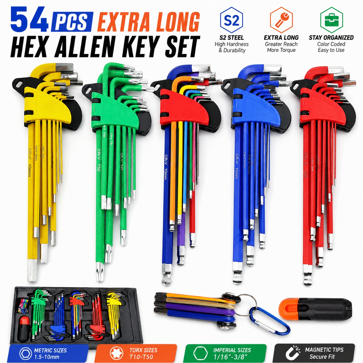 TEMU 54pcs Car And Motorcycle Repair Kit Kit - Long Arm Hex Keys For Engine Bolts, Torx And Combination Wrenches Included, Anti-corrosion, Reduces