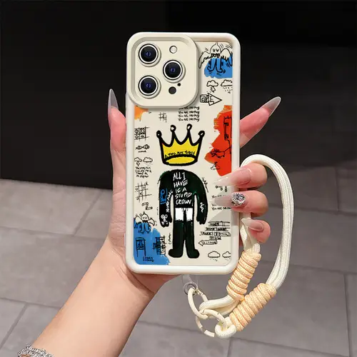 White cartoon graffiti phone cases sutible for iPhone 14 Pro Max lanyard phone case sutible for men and women. High-quality TPU cute Soft rubber anti-fall protective case phone case accessories.