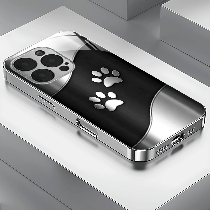 TEMU Phone Case: Black Silvery Cute Paw Print Curve Pattern Silvery Electroplated Tempered Glass Phone Case Suitable For Iphone 17/17 Pro/17 Pro