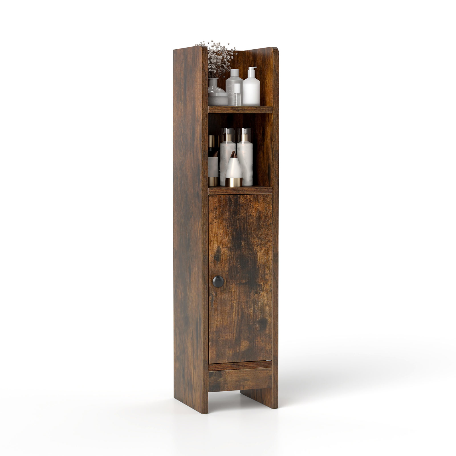 Image of Toilet Paper Storage Containers, Bathroom Storage Cabinet With Adjustable Shelf, 1 Door And 2 Open Shelves, Toilet Paper Holder, For Bathroom, Brown