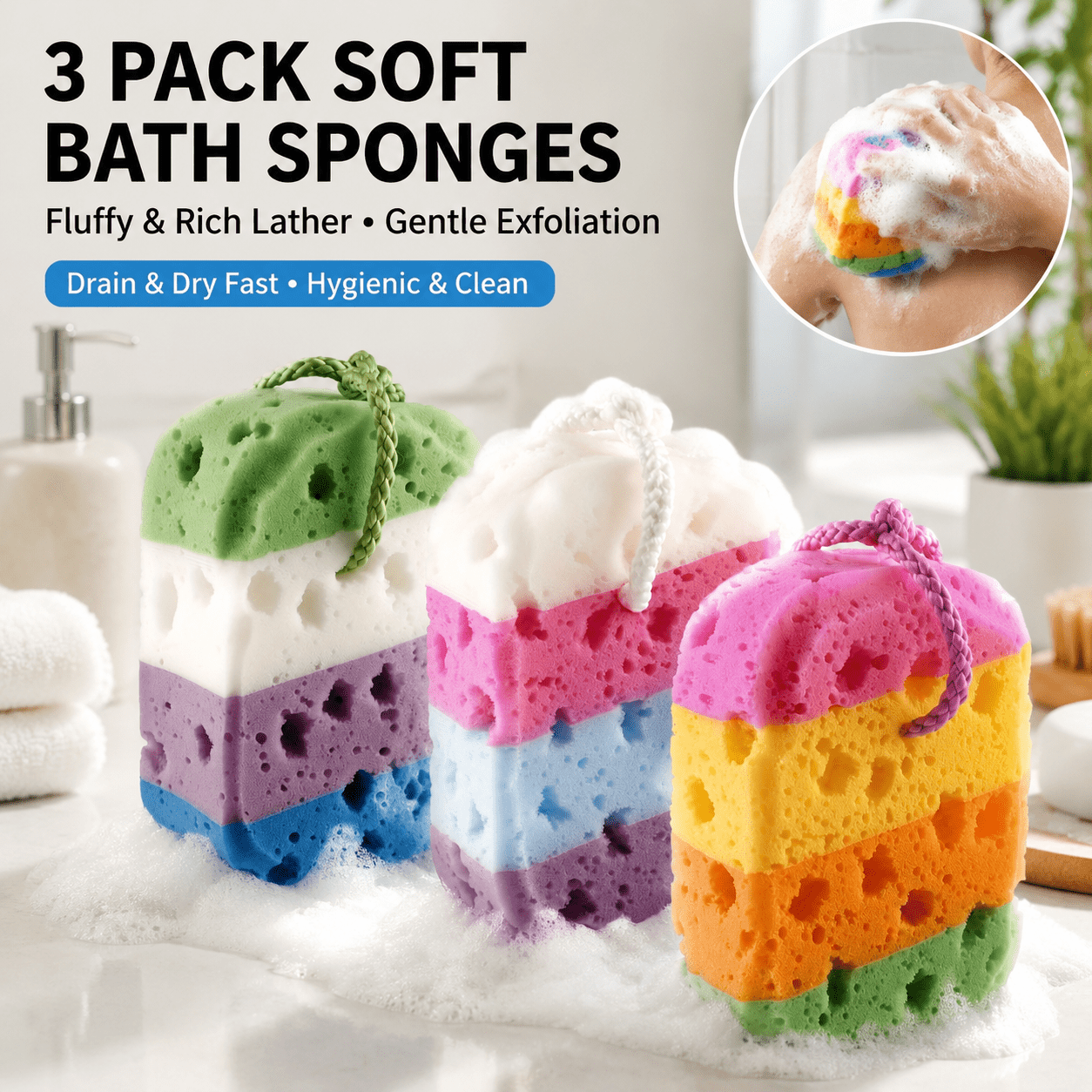 TEMU 3-pack Soft Bath Sponges, Fluffy And Rich Foam Gentle Exfoliation, Drainage And Storage Dry And Hygienic, Enhancing Shower Experience For