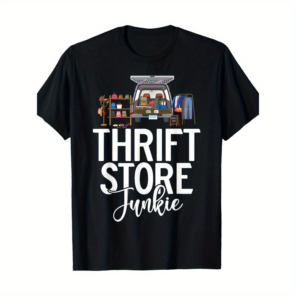 TEMU 1pc Thrift Store Junkie Geometric Pattern T-shirt - 100% Cotton, Short Sleeve, Regular Fit, Knit Fabric, Machine Washable - Black