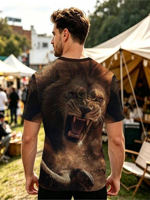 fashion mens t shirt lion and pattern crew neck polyester material multiple sizes mixed colors suitable for hiking camping fishing dynamic sports style