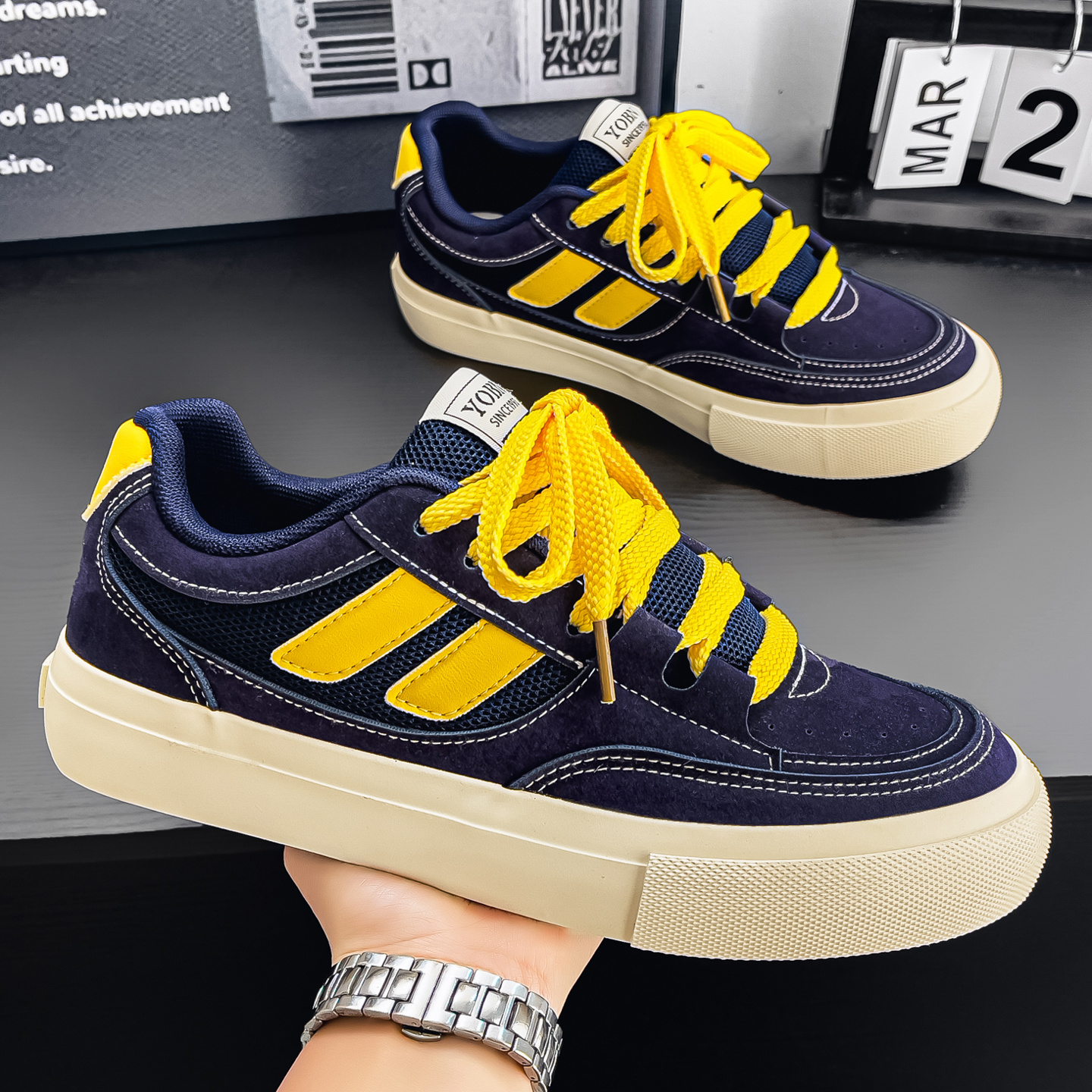 Dawsri Men's Blue And Yellow Sneakers Low Top Casual Shoes For Walking