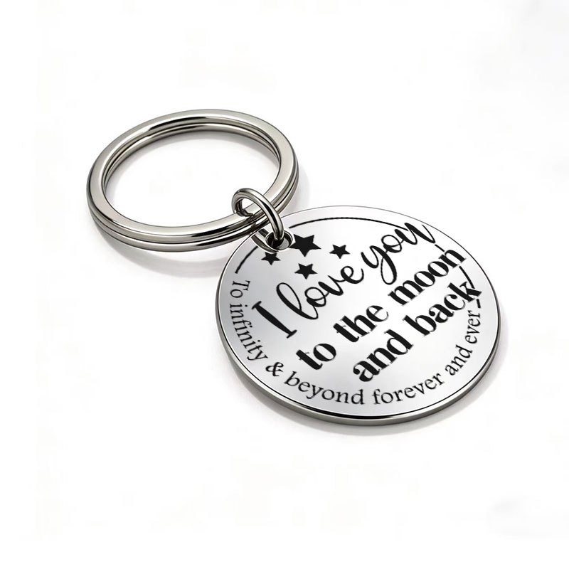 TEMU 1pc Metal Laser Engraved Keychain "i Love You And Back" Artistic Font With Star Decoration, Romantic Style Keychain, Car Key Pendant, Backpack