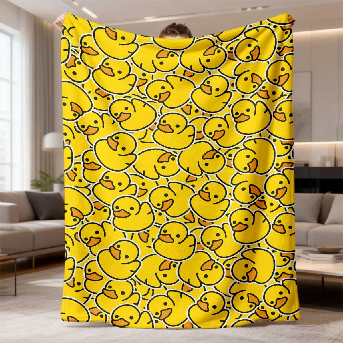 TEMU 2026 New Arrival 1pc Comfortable Rubber Duck Print Flannel Throw Blanket For All Season Hypoallergenic Tear Resistant With Face Pattern For Sofa