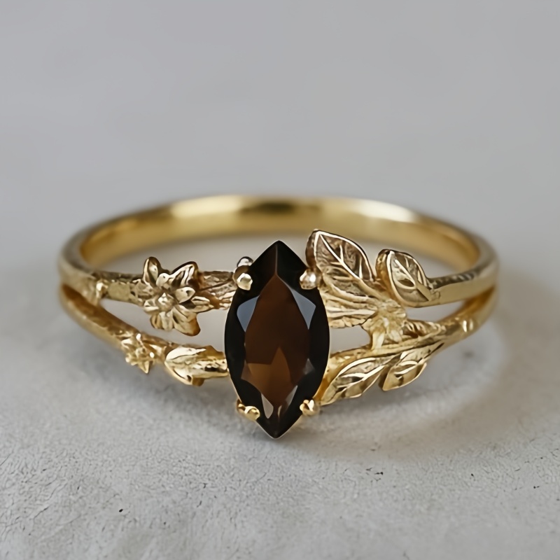 TEMU Vintage Inlay Marquise Cut Zirconia Ring For Women Party Holiday Daily Elegant Floral Leaf Branch Ring Jewelry Gifts