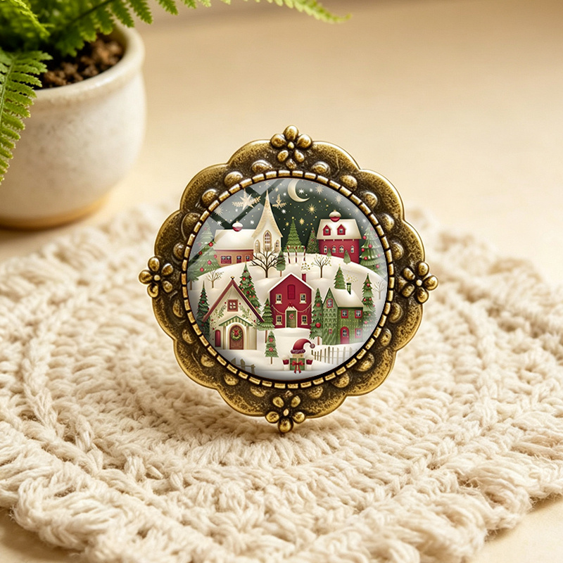 TEMU 1pc Christmas Snow Village Round Glass Flower Brooch Clothing Backpacks Pins Brooches Unisex Additions