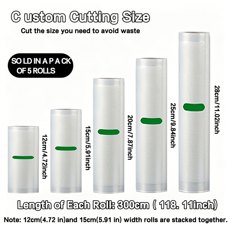 TEMU 5 Rouleaux de Sacs Scellables Sous Vide (Largeurs Variées) 118.11 Pouces par Rouleau, Matériau PA+PE, Résistant à la Perforation, , Très Adapté