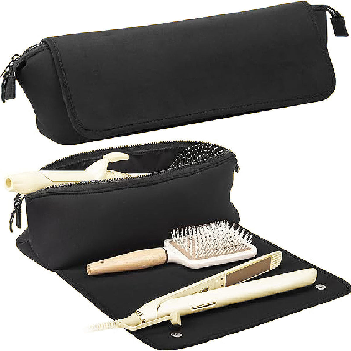 TEMU 1pc Black Nylon Travel Bag For Hair Tools - Tsa Approved, With Multiple Compartments For Curling Irons, Straighteners, Makeup Brushes &