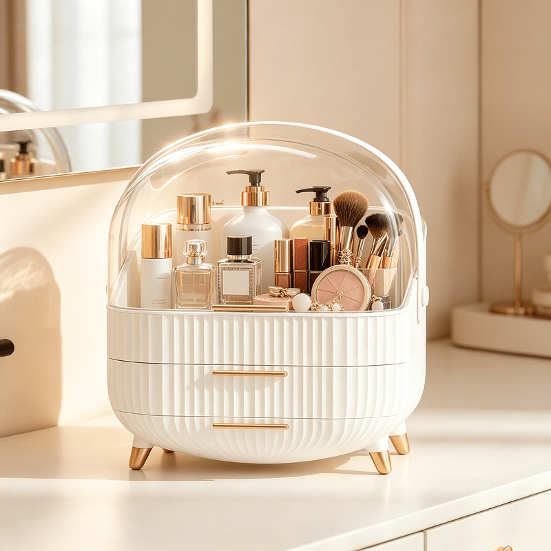 TEMU Desktop Covered Cosmetics Storage Box With Vertical Pattern, Dust-proof, , Transparent Top Cover Design, Dust-proof Cosmetics Storage Box,