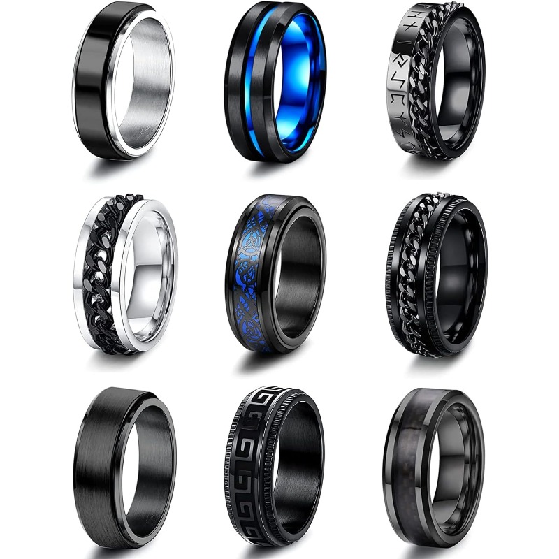 Image of 9pcs Stainless Steel Black Rotating Chain Ring Vintage Gothic Viking Dragon Wedding Promise Band Ring, For Teenager, For Teenager