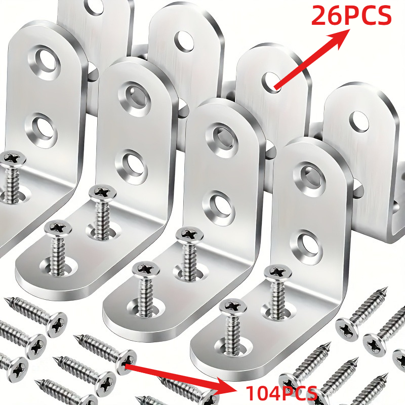 TEMU 130pcs (26pcs Angle Brackets + 104pcs Screws) Stainless Steel L-shaped Bracket Angle Bracket Set, 90-degree Right Angle With A Dimension Of