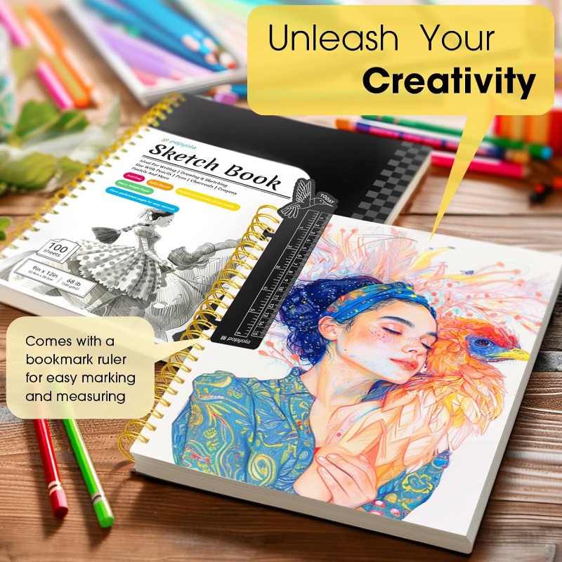 9 x 12 Spiral Sketch Book with Bookmark Ruler, 100 Sheets