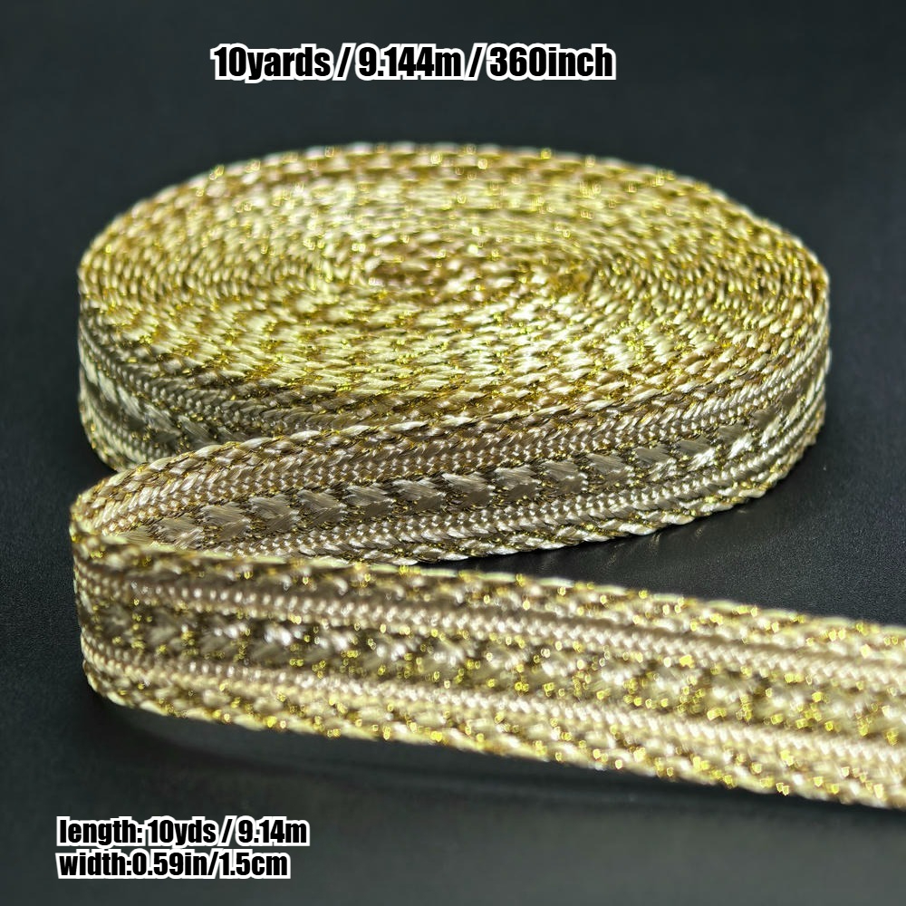 TEMU /3 Yards// Langes/Rolle Goldener silberner bestickter Randband - Luxuriöser Jacquardstoff, Exquisite Stickerei, 1,5 cm/0,59 Zoll breites,
