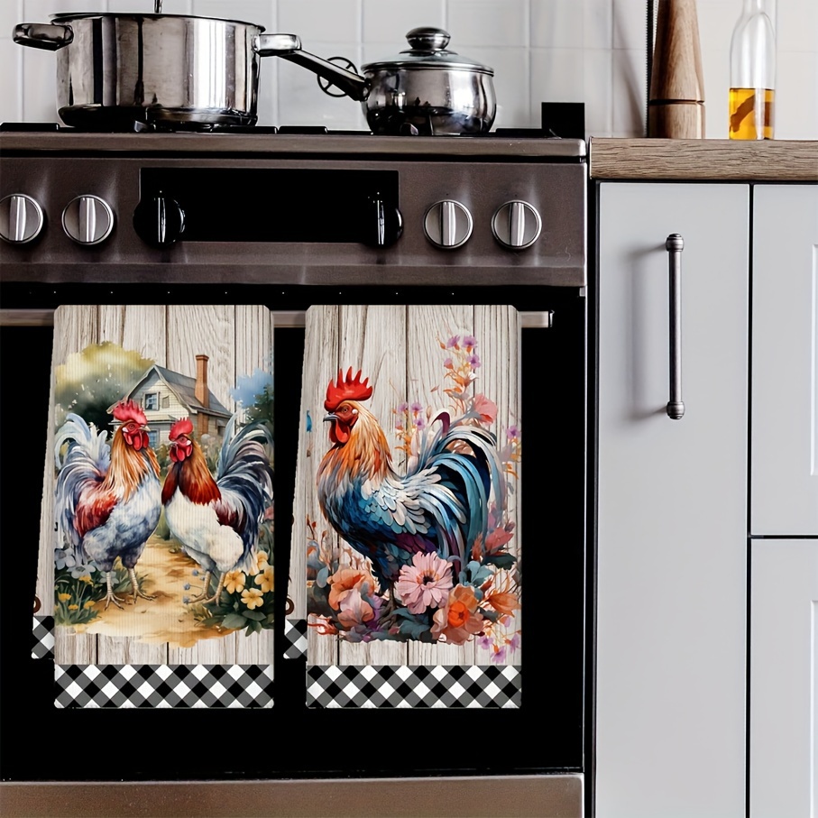 TEMU 2pcs Rooster Chicken Farmhouse Kitchen Towels Suitable For Housewarming Gifts, Super Absorbent Dishcloths & Dish Drying Towels, Machine Washable