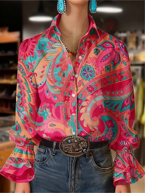 womens fashion printed turn collar single breasted long sleeve shirt