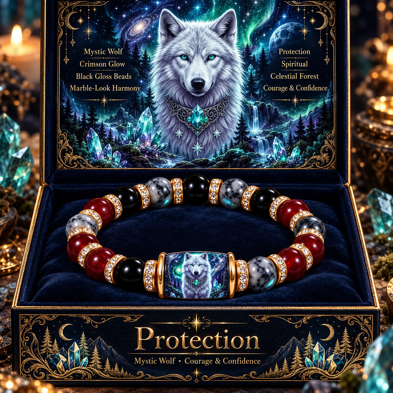 TEMU Mysterious White Wolf Forest Bead Bracelet Unisex Red Agate Black Agate Natural Stone Elastic Bracelet Guardian Spiritual Jewelry Best Gift For