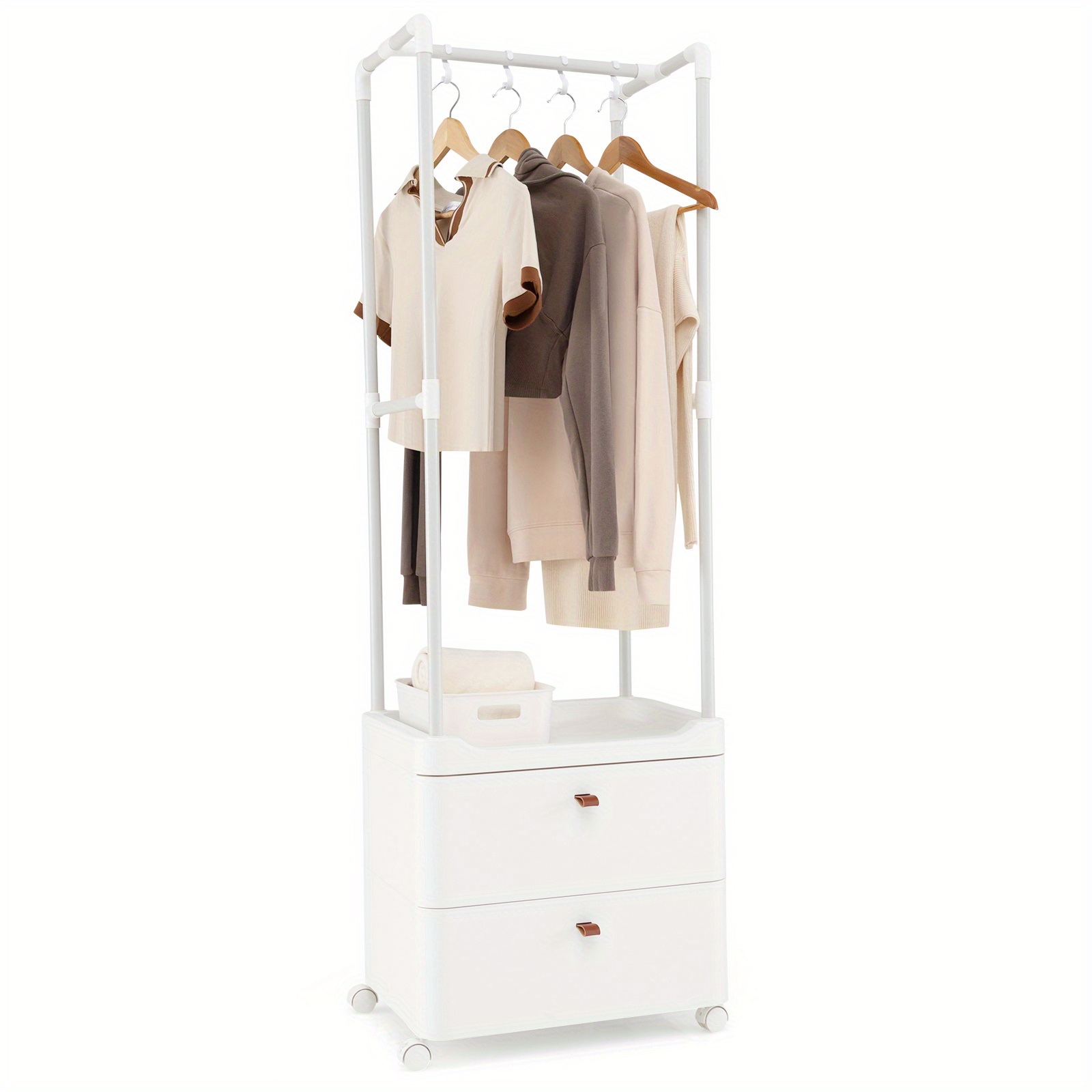 Clothes Rack With 2 Drawers, White Coat Stand With Lockable Wheels, Coat Holder With Clothes Rail, Shelves & 4 Removable Hooks For Hallway, Bedroom, 52 X 40 X 161cm