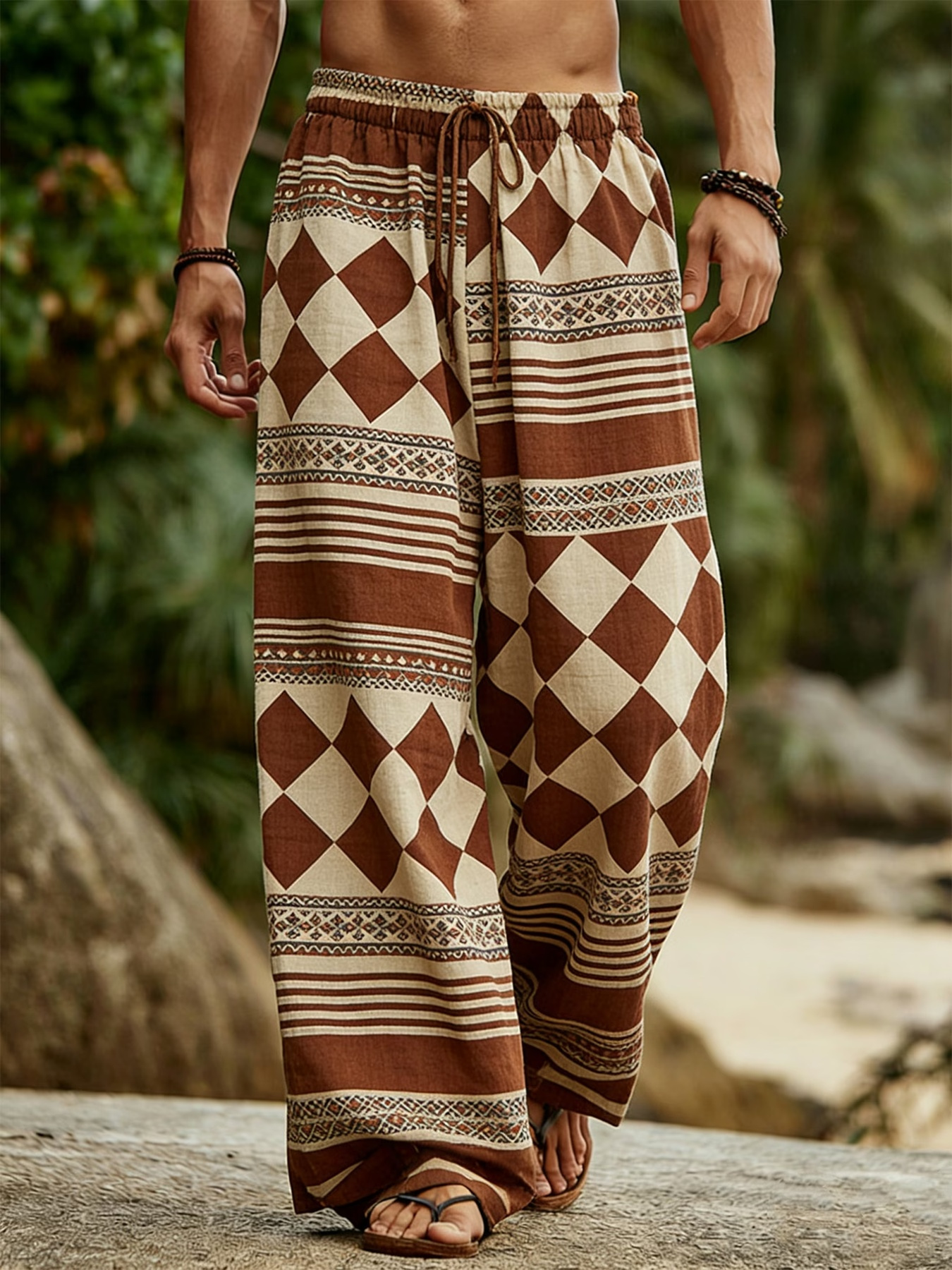 men   asian style wide leg trousers   color blocking plaid stripe   loose fit pants suitable for summer machine washable casual trousers for thai indonesian malaysian traditional outfits