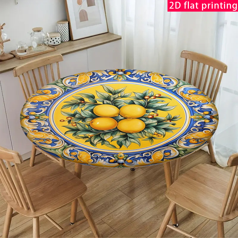TEMU 2d Mediterranean Decorative Plate Pattern Elastic Round Tablecloth, Perfect For Indoor And Outdoor Picnics And Camping Activities. Suitable For