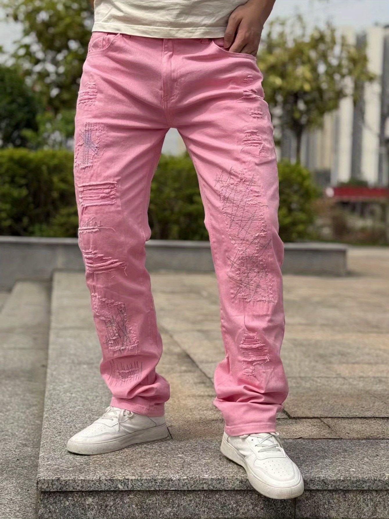 mens pink jeans sold on Temu Canada