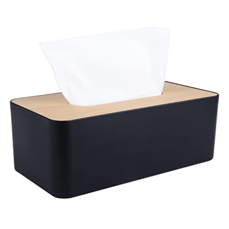 modern   tissue box holder with white lid - elegant rectangular or round design, durable plastic & bamboo construction, scratch-resistant surface protector, fits bathroom, office, home - compatible with square & round tissues (9.7x5x3.6in) - decorative storage organizer Product details 0