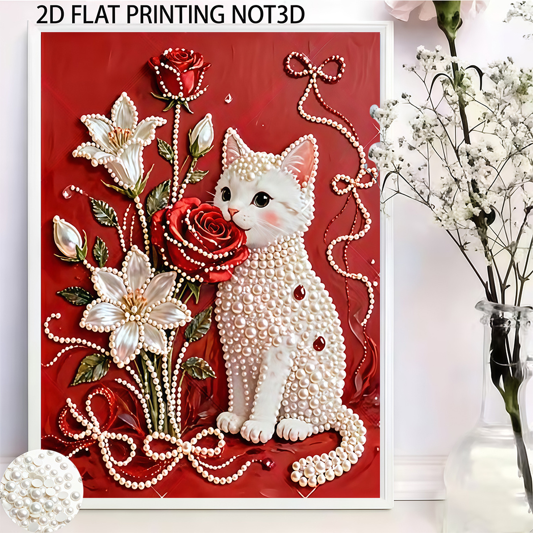Image of Painting, Featuring Pearl Cat And Design | 5d Pearl Painting Kit Suitable For Home Wall Decoration Art, Ideal For Holiday Gifts, Helping Stress And Convey Warm , Perfect Handmade Gift | Frameless