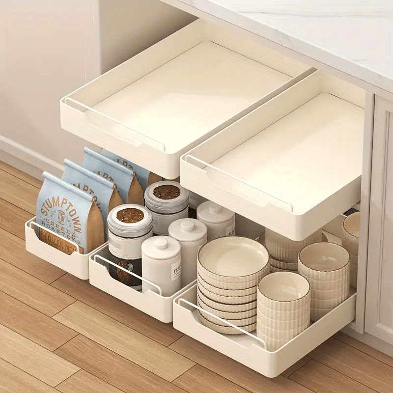 TEMU 1pc Extra-large Capacity Heavy-duty Stainless Steel Pull-out Cabinet Organizer With Rails - No-drill Installation, Space-saving White Storage