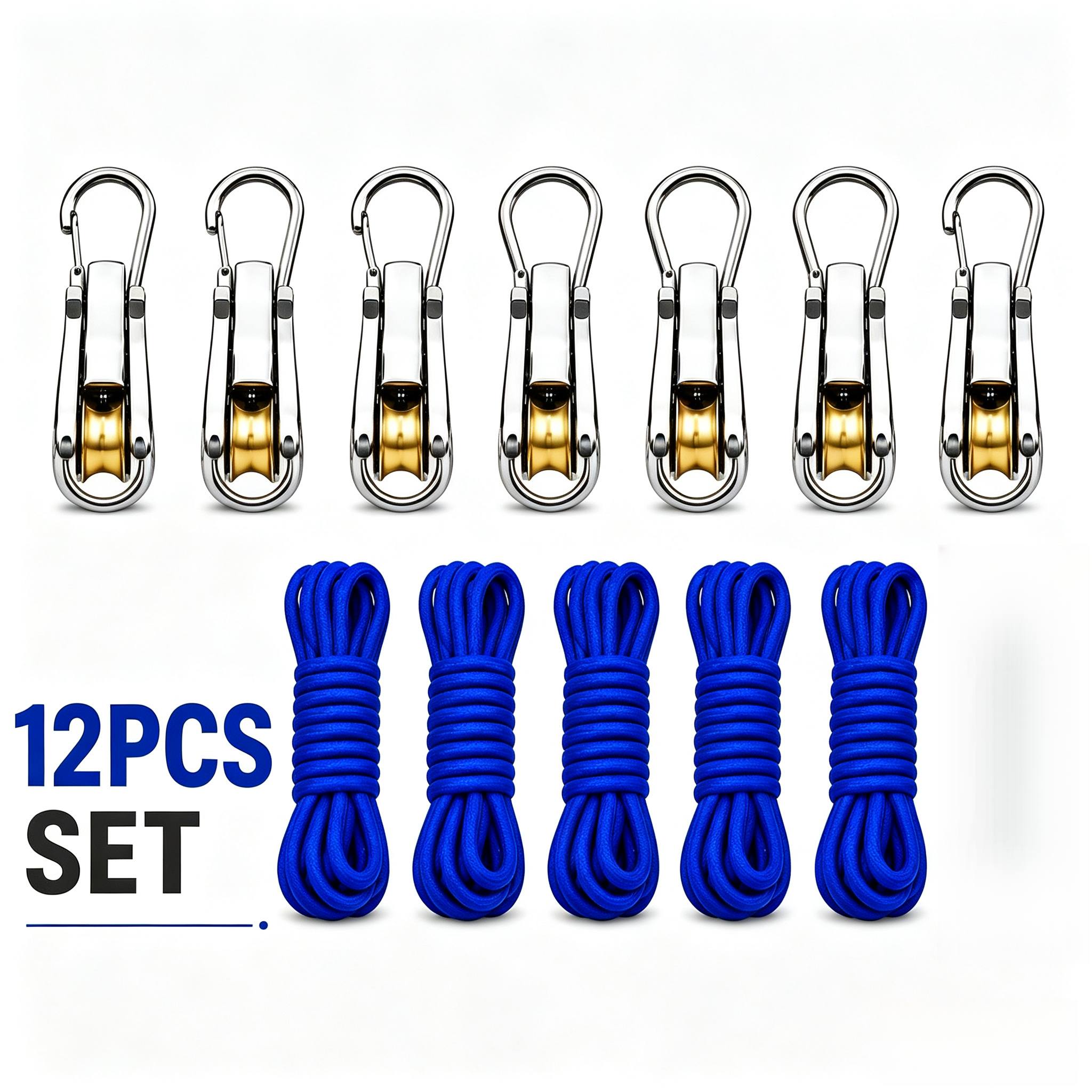 TEMU 12pcs Rope Set With Roller Tensioners, Adjustable Pulley System With Locking Buckles, 30kg Load Capacity, Includes 7 Metal Hooks And 5 3-meter