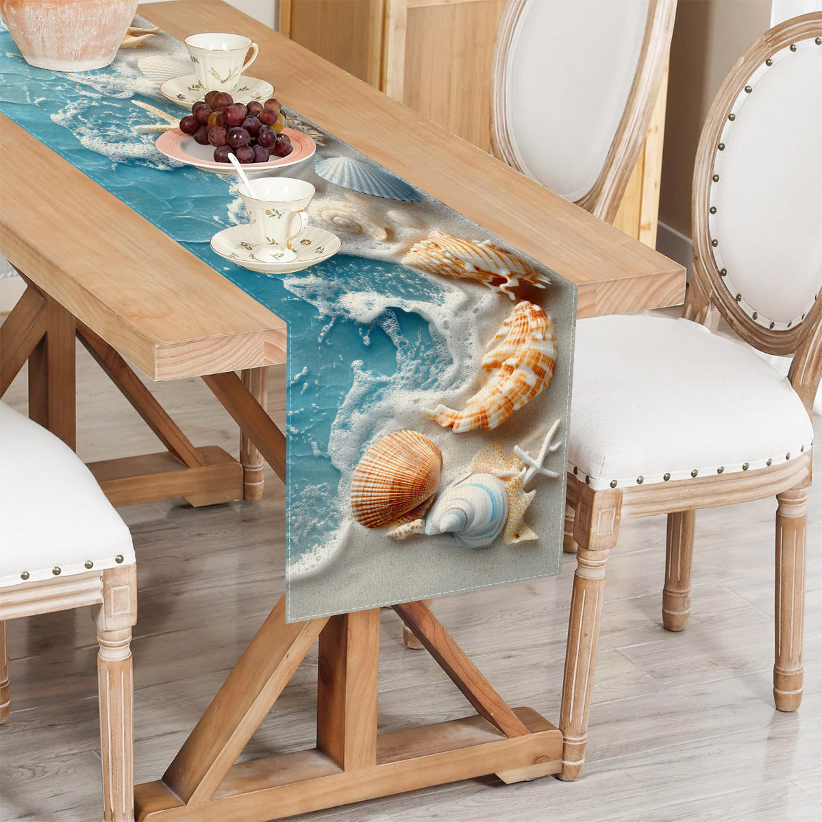 TEMU 1pc Ocean-themed Table Runner With Seashell And Starfish Design, 100% Polyester, Coastal Decor For Kitchen And Dining Room, Perfect For Indoor